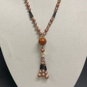 Bronze Pink Gold Beads Triple Bead Tassel Necklace Vintage